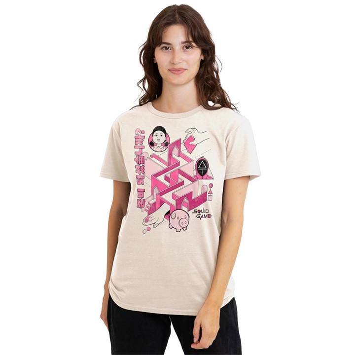 Squid Game Women's Beige Comic Maze T Shirt Natural in Size M, Sports Direct