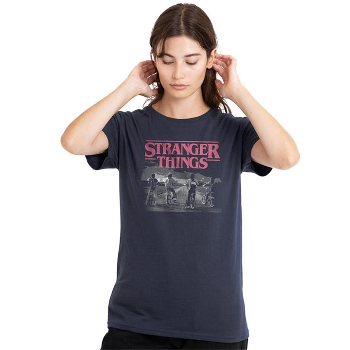 Stranger Things Women' Blue Poster Bike Scene T Shirt in Size S, Sports Direct