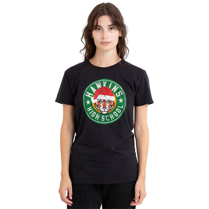 Stranger Things Women's Black Hawkins High School Christmas Logo, Sports Direct