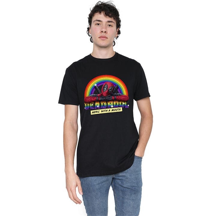 Marvel Men's Black Deadpool Rainbow Merc With A Mouth T Shirt in Size M, Sports Direct