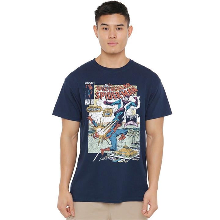Marvel Men's Blue Spiderman Blasted By Boomerang Cover T Shirt Navy in Size L, Sports Direct