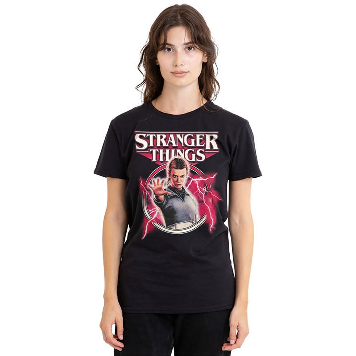 Stranger Things Women's Black Eleven Lightning Poster T-Shirt B in Size M, Sports Direct