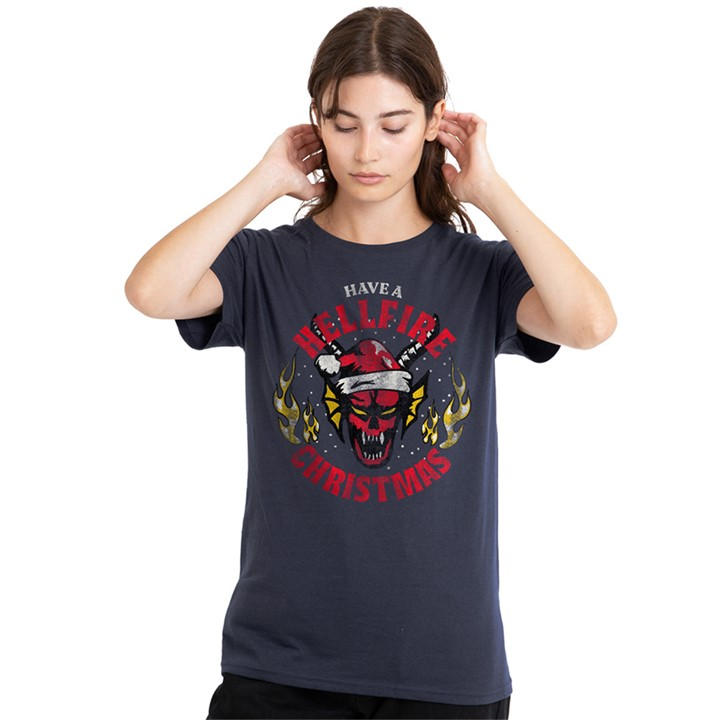 Stranger Things Women's Blue Hellfire Christmas T Shirt in Size XL, Sports Direct