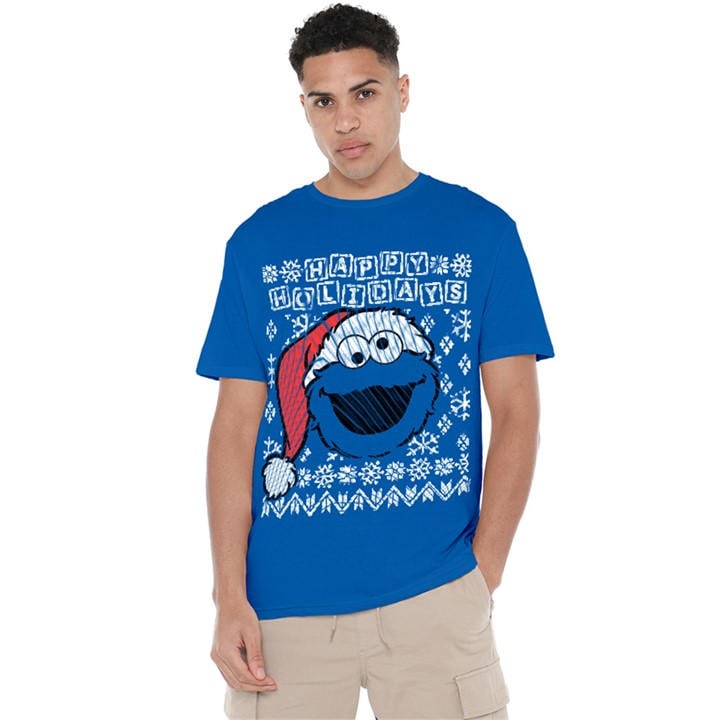 Sesame Street Men's Blue Cookie Monster Ugly Christmas T Shir in Size 2XL, Sports Direct