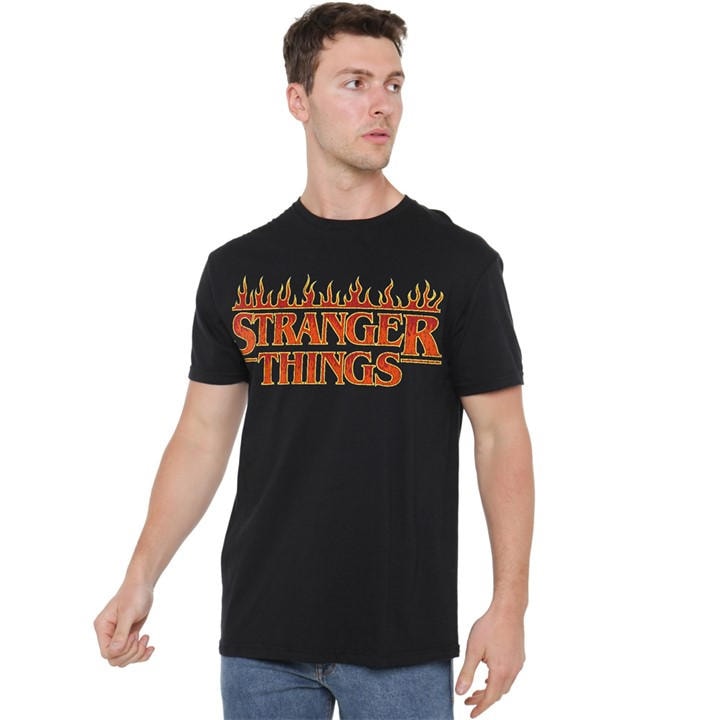 Stranger Things Men's Black Vintage Flaming Logo T-Shirt Blac in Size 2XL, Sports Direct
