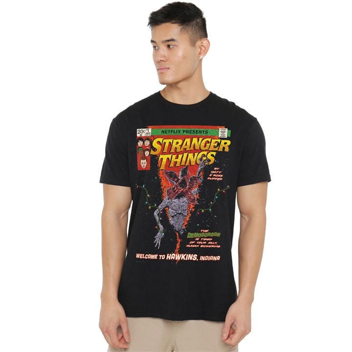 Stranger Things Men's Black Welcome To Hawkins Comics T-Shirt in Size XL, Sports Direct