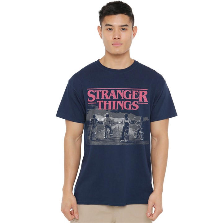 Stranger Things Men' Blue Poster Bike Scene T-Shirt Navy in Size S, Sports Direct