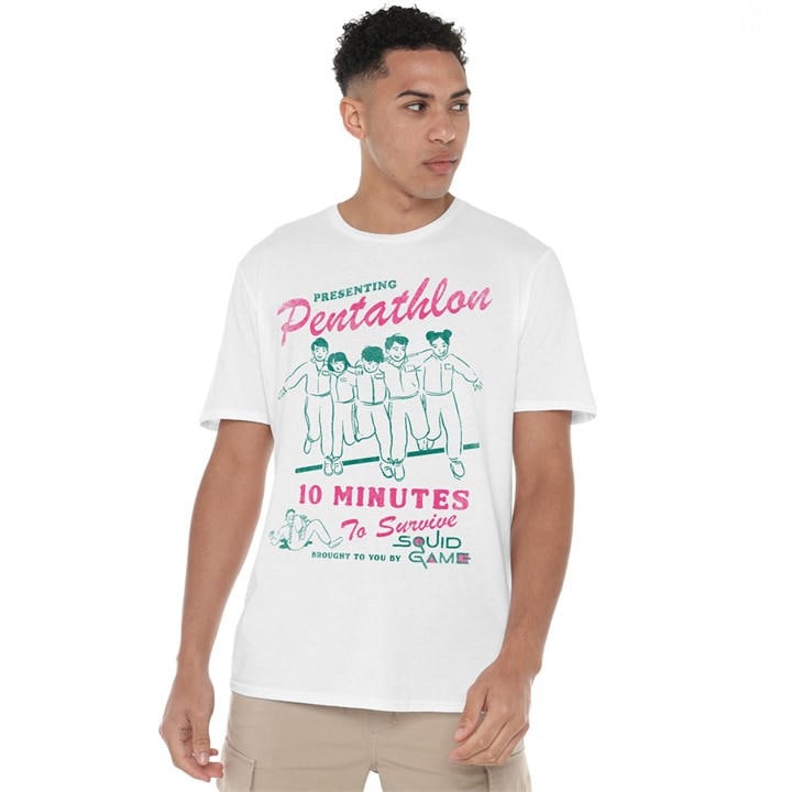 Squid Game Men' White Pentathlon Race Comic T-Shirt in Size S, Sports Direct