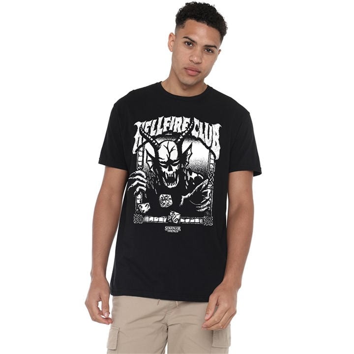 Stranger Things Men' Black Hellfire Club Mono T-Shirt in Size S, Sports Direct