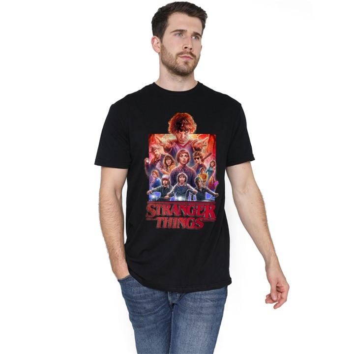 Stranger Things Men's Black Group Poster T-Shi in Size 2XL, Sports Direct