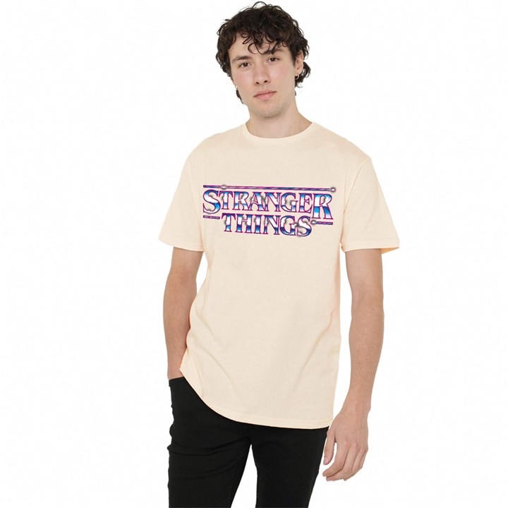 Stranger Things Men's Beige Chrome Metal Logo T-Shirt Natural in Size M, Sports Direct