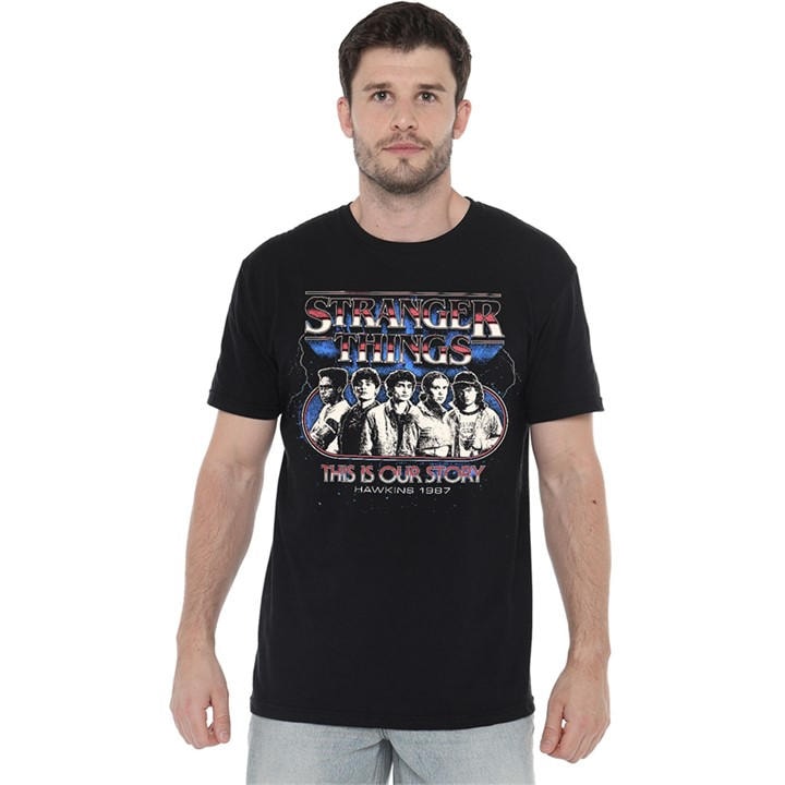 Stranger Things Men's Black Retro Thunder Group T-Shirt in Size M, Sports Direct