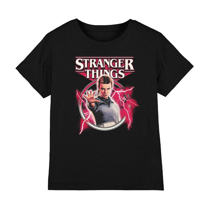 Stranger Things Boys Black Eleven Lightning Poster Kids T-Shi, Sports Direct