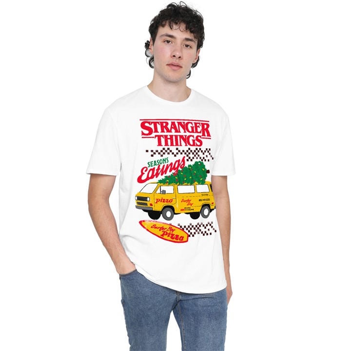 Stranger Things Men's White Seasons Eatings Pizza Van Christma in Size 2XL, Sports Direct