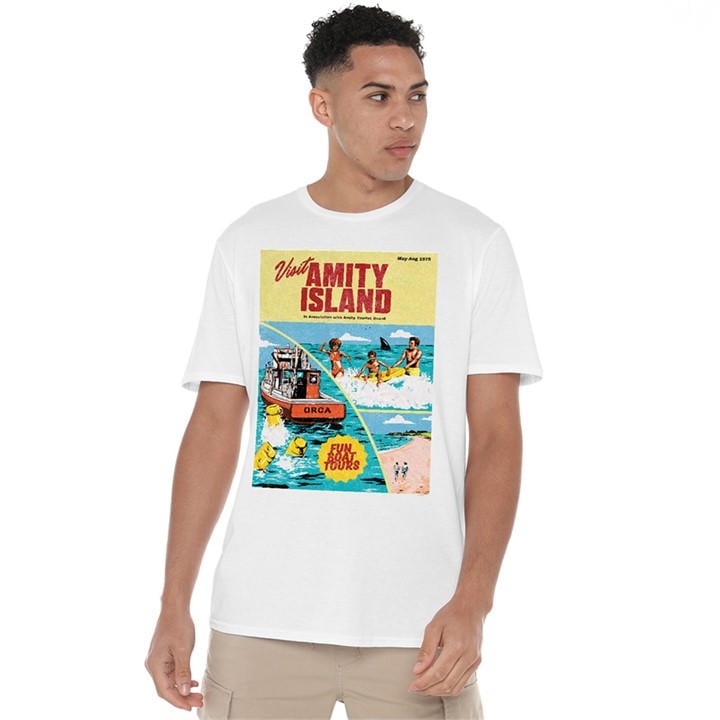 Universal Men's White Jaws Visit Amity Travel Poster T Shirt in Size L, Sports Direct
