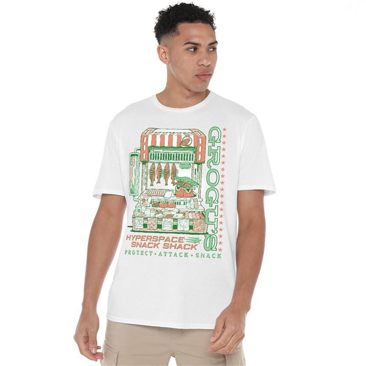 Star Wars Men's White The Mandalorian Grogu Snack Shack Market T Shirt in Size 2XL, Sports Direct