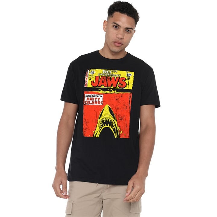 Universal Men's Black Jaws Retro Comic Poster T Shirt in Size 4XL, Sports Direct