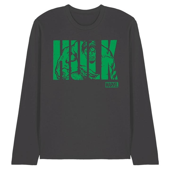 Marvel Men's Grey Hulk Text Long Sleeve T-Shirt in Size M, Sports Direct
