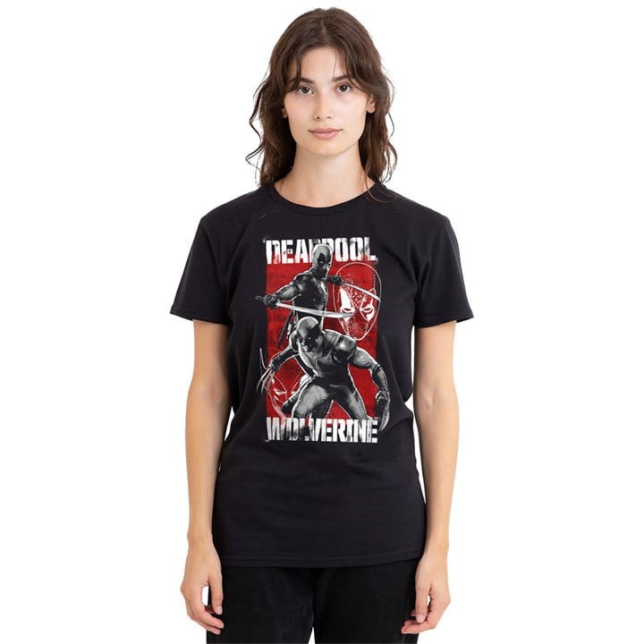 Marvel Women's Black Deadpool Wolverine Fight T-Shirt, Sports Direct