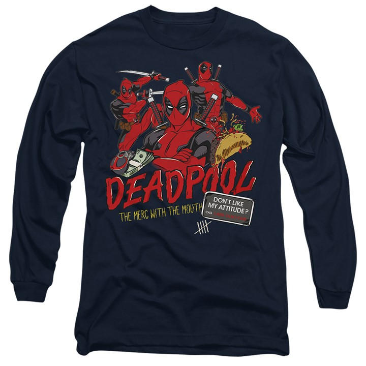 Marvel Men's Blue Deadpool Attitude Long Sleeve T-Shirt Deep Navy in Size M, Sports Direct