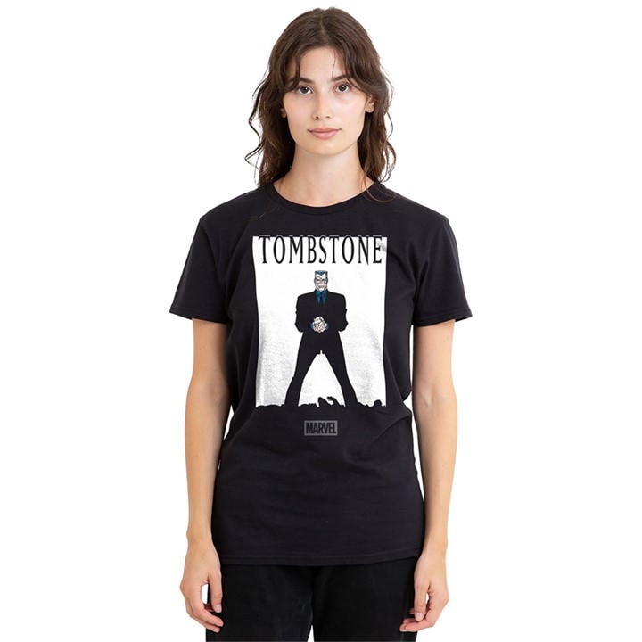 Marvel Women's Black Spiderman Retro Tombstone Cover T-Shirt, Sports Direct