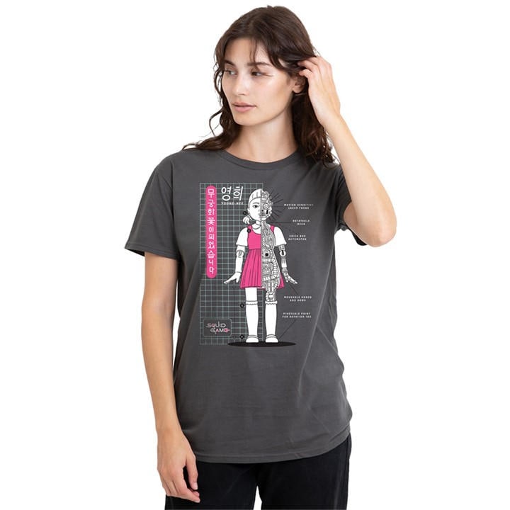 Squid Game Women's Grey Younghee Blueprint T Shirt Char, Sports Direct