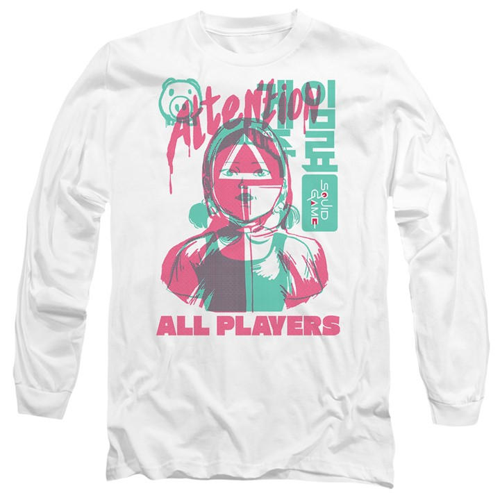 Squid Game Men's White Attention All Players Long Sleeve T-Shi in Size 2XL, Sports Direct