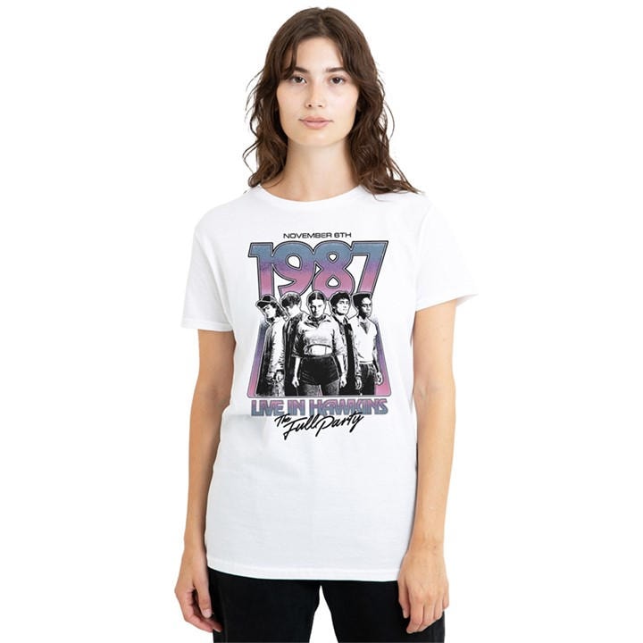 Stranger Things Women' White Hawkins 1987 Group Tour Poster T- in Size S, Sports Direct