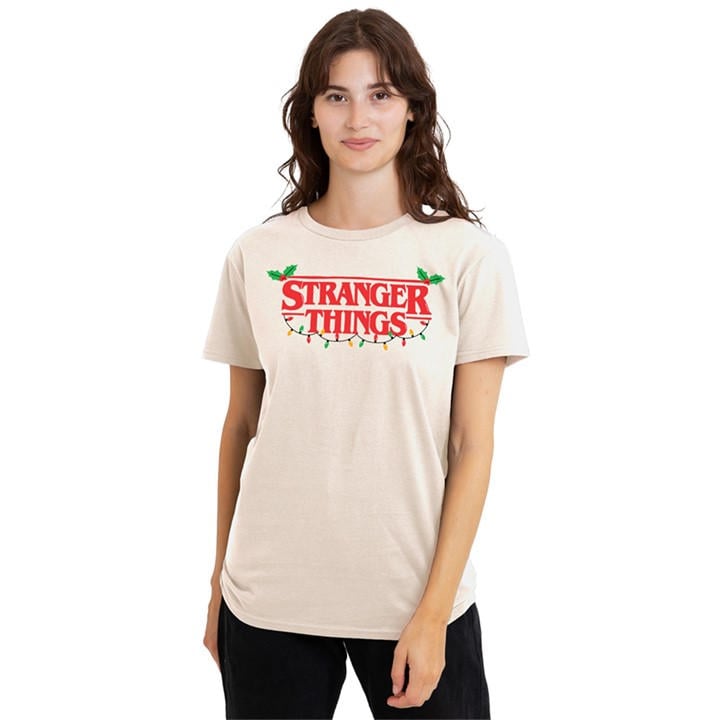 Stranger Things Women' Beige Christmas Logo T Shirt Nat in Size S, Sports Direct