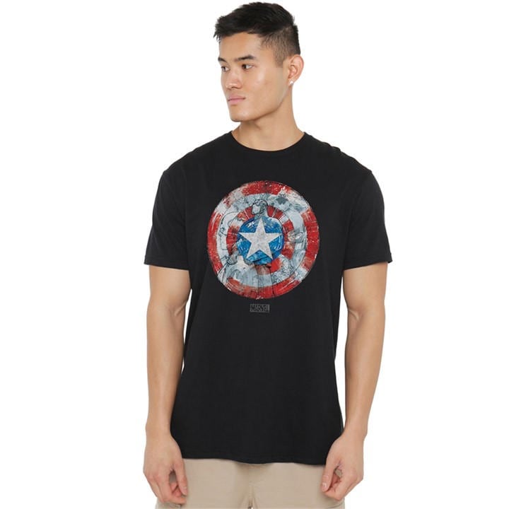 Marvel Men' Black Captain America Shield Sketch T-Shirt in Size S, Sports Direct