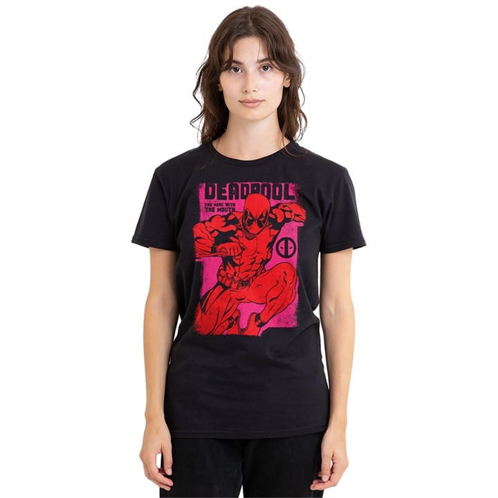 Marvel Women' Black Deadpool Merc With A Mouth Attack T-Shirt in Size S, Sports Direct