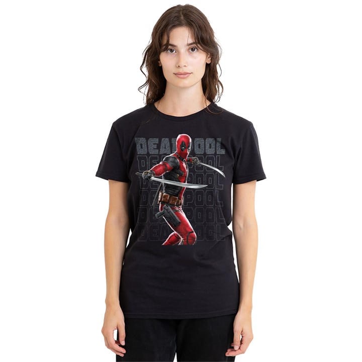 Marvel Women's Black Deadpool Wolverine Wade Katanas T-Shirt in Size M, Sports Direct