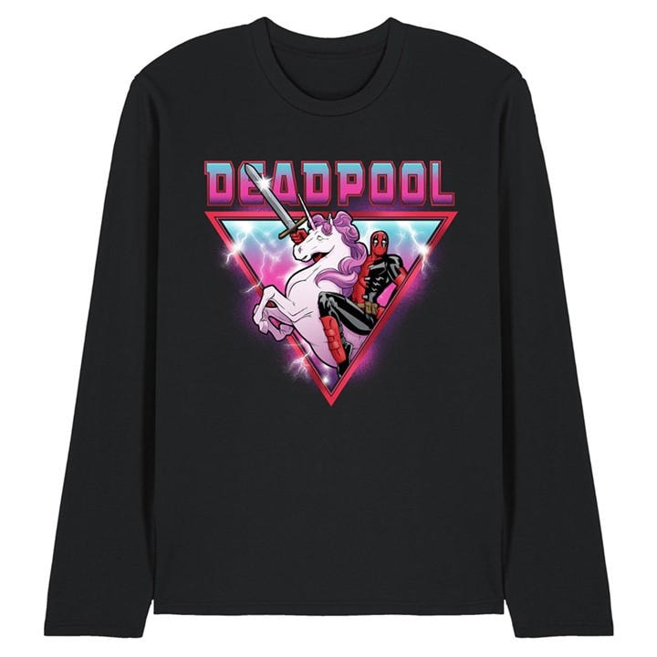 Marvel Men's Black Deadpool Metal Unicorn Wade Long Sleeve T Shirt B in Size 2XL, Sports Direct