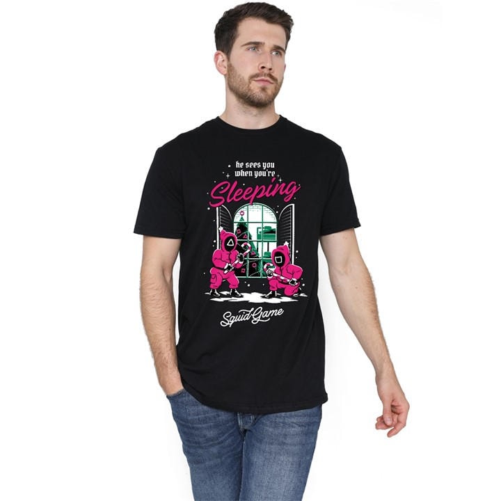 Squid Game Men's Black He Sees You When Youre Sleeping T in Size XL, Sports Direct