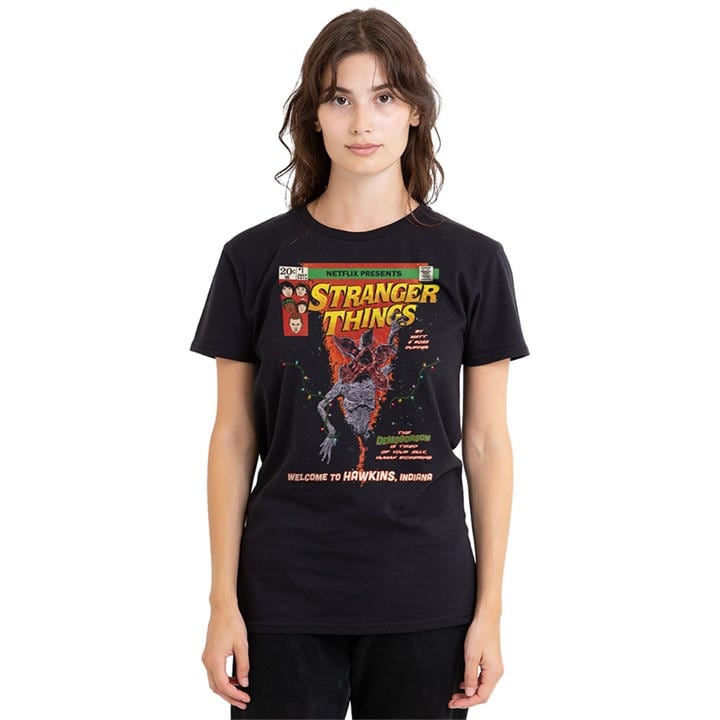 Stranger Things Women's Black Welcome To Hawkins Comics T in Size XL, Sports Direct