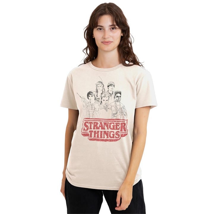 Stranger Things Women's Beige Sketch Group Logo T-Shirt Natural, Sports Direct