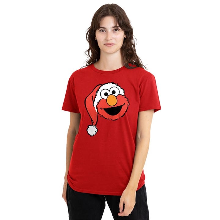 Sesame Street Women's Red Christmas Santa Hat Elmo Face T-Shir, Sports Direct