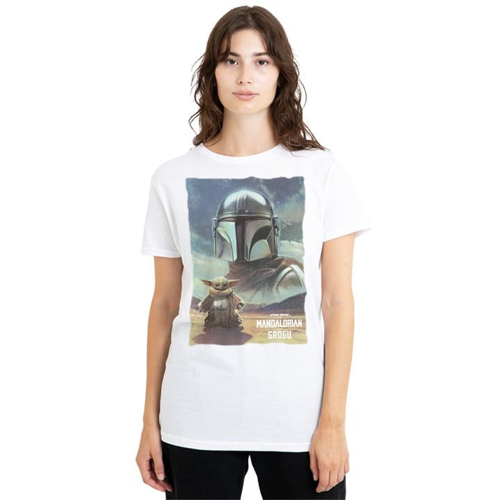 Star Wars Women's White The Mandalorian Grogu Worn Poster T-Shirt, Sports Direct