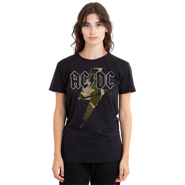 Acdc Women's Black Ac Dc Camo Bolt T Shirt, Sports Direct