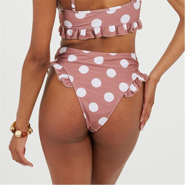 Tan/White - Brave Soul - Womens Polka Dot High Waisted Bikini Bottoms
