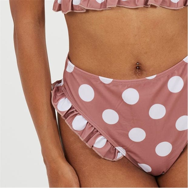 Tan/White - Brave Soul - Womens Polka Dot High Waisted Bikini Bottoms