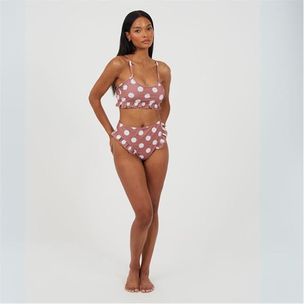 Tan/White - Brave Soul - Womens Polka Dot High Waisted Bikini Bottoms
