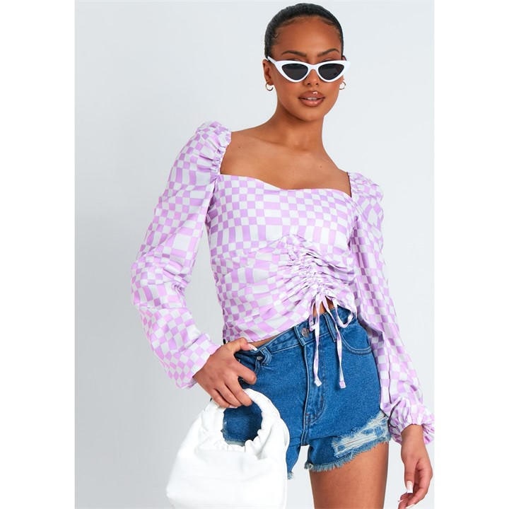 Missy Empire Women's Purple Checkerboard Print Ruched Front Top in Size 12, Sports Direct