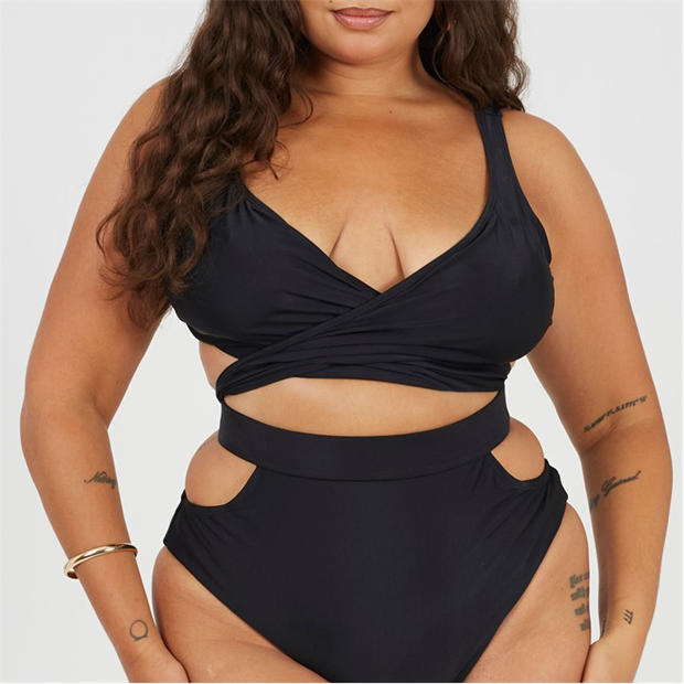 Black - Brave Soul - Plus Size Plunge Bikini Top with Wrap Around Straps