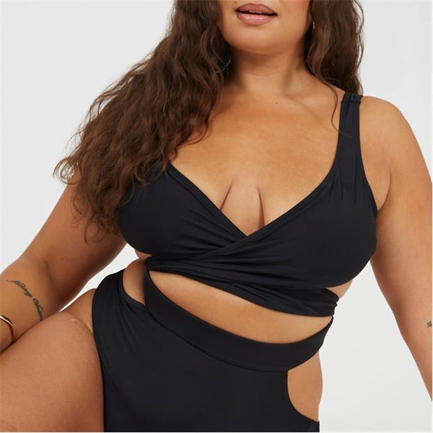 Black - Brave Soul - Plus Size Plunge Bikini Top with Wrap Around Straps
