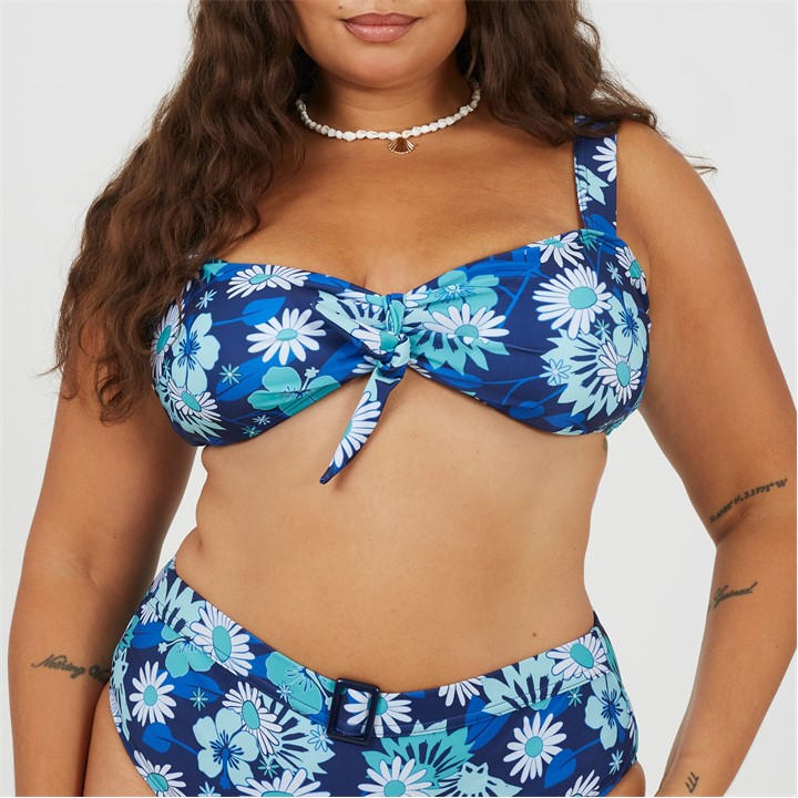 Brave Soul Women's Blue Plus Size Bikini Top With Retro Floral Print in Size 24, Sports Direct