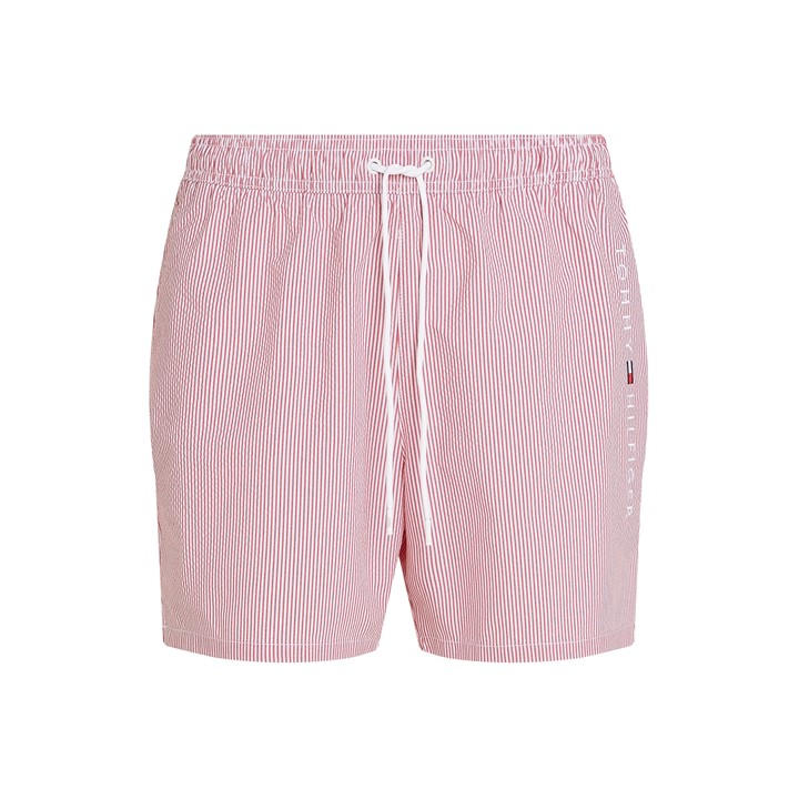 Tommy Hilfiger Men' Red Ithaca Stripe Medium Length Drawstring Swim Shorts in Size S, Sports Direct
