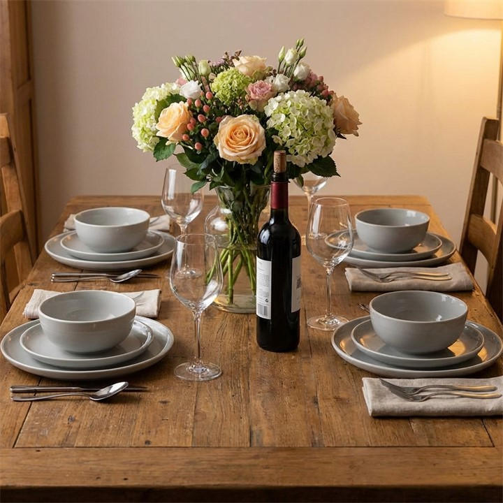 Waterside  Grey 12Pc & White Rim Stoneware Dinner Set, Sports Direct