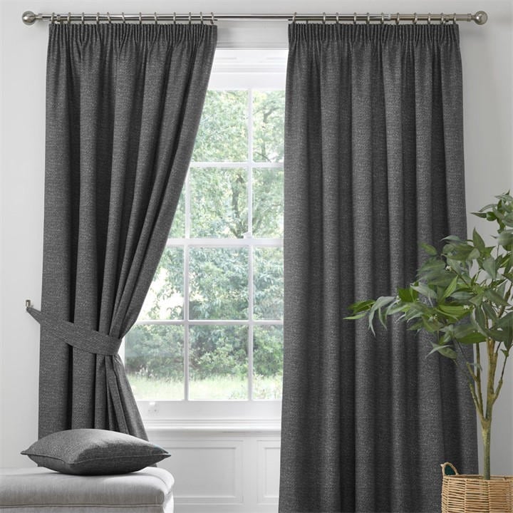 Dreams And Drapes Grey Pembrey Textured Print Pencil Pleat Curtains Teal -