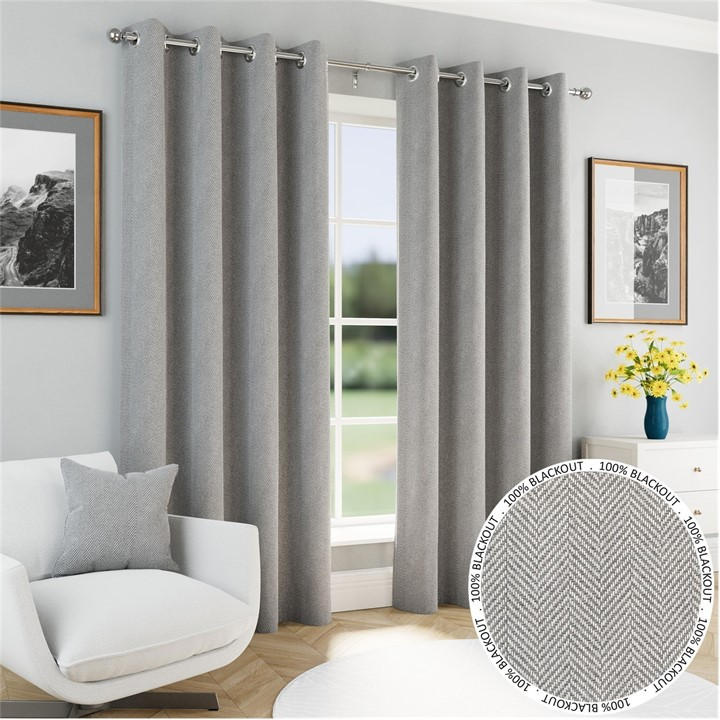 Enhanced Living  Grey Chester 100% Blackout Herringbone Eyelet Curtains in Size H, Sports Direct